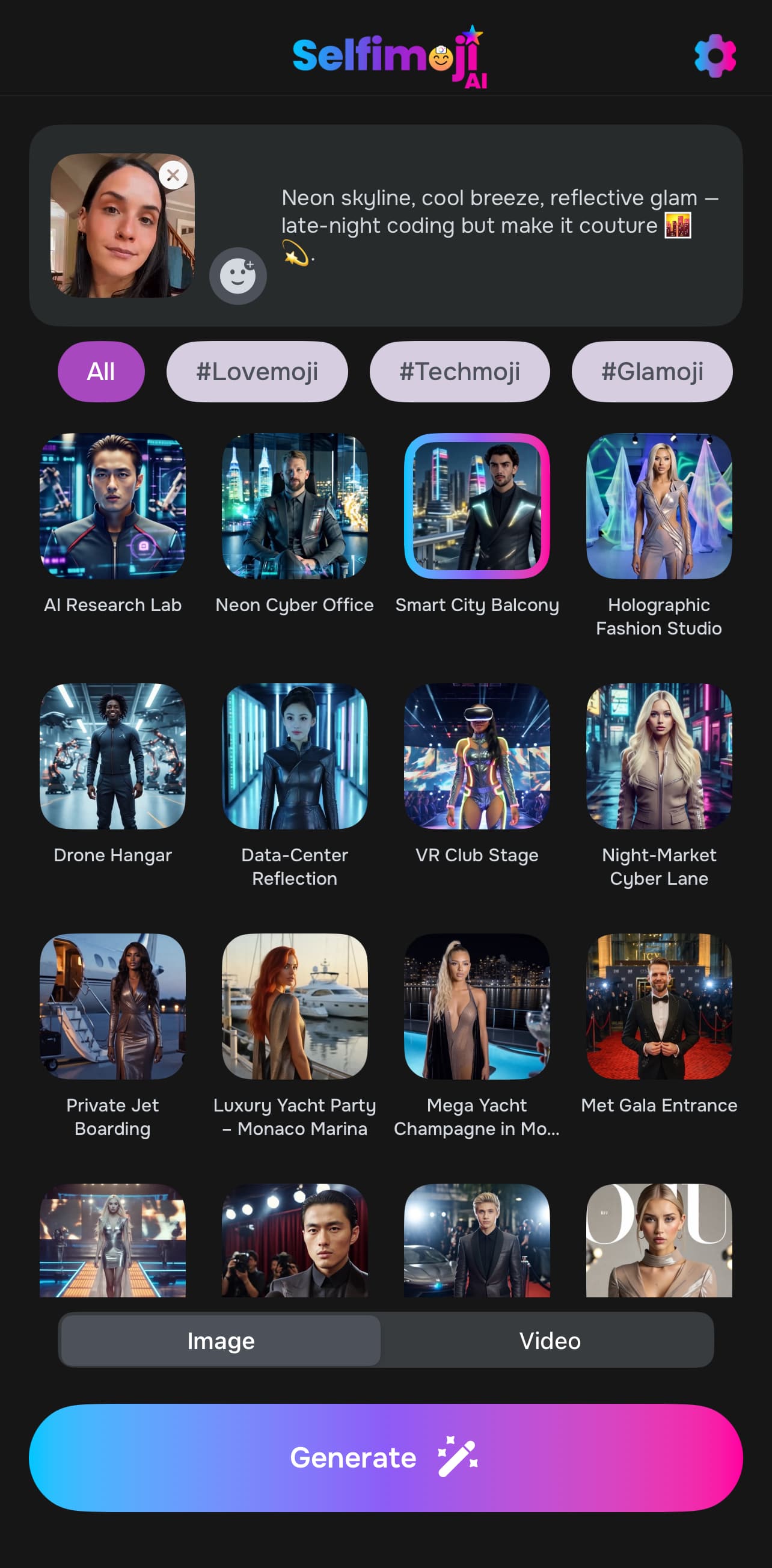Selfimoji app showing scene selection